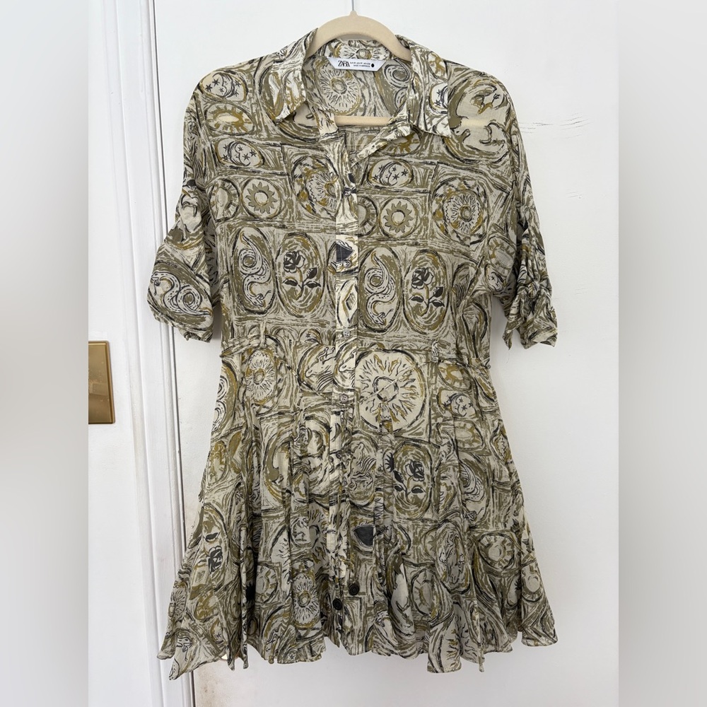 Zara Artistic Print Button-Down Dress with Belt - Green and Cream and Brown